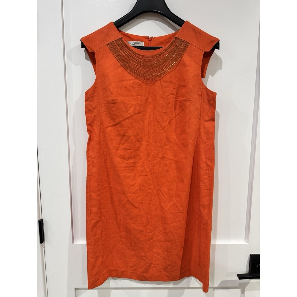 Evan Picone Sheath Dress Women 10 Linen Short Asymmetrical Sleeves Orange Pencil